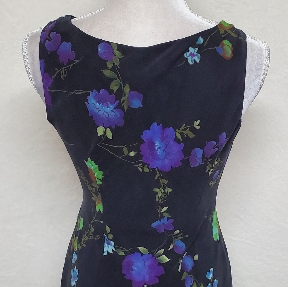 VINTAGE Liz Claiborne Purple Floral Silk Chiffon Black Satin Ruffle Midi Dress M - Picture 14 of 16
